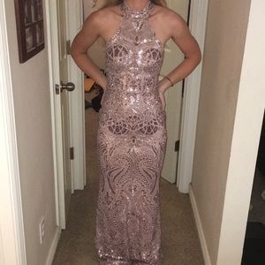 Purplish pink high neck sparkly prom dress